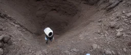 character in semi-darkness, on the scree cone of an underground room dimly lit by daylight coming from a well located forty meters above.