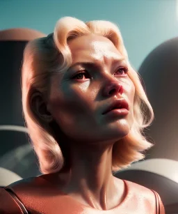 Ultra Realistic retro sci-fi movie scene, waist up view portrait, 3 clones blonde women, sweet young Kate moss face, perfect iris, glow eyes, face makeup. Mars and martians background, Retro sci-fi style, helmet, tight latex coat, fog, rain, soft color, highly detailed, unreal engine 5, ray tracing, RTX, lumen lighting, ultra detail, volumetric lighting, 3d, finely drawn, high definition, high resolution.