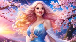 ((best quality)),((masterpiece)),ultra detailed background ((Cherry Blossoms)),(30 years old Sweedish gorgeous smiling woman), medium breast,wearing flowing dress, golden blue flowing hair glamour,(blue eyes),beautiful face,((white mists:1.4)),(pink dust:1.2),mysterious,mysteries of galactic universe,yellow lightnings,volumetric lightnings,dark and blurry background,