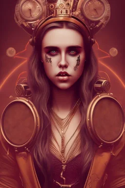 Danish singer mø face, steampunk, darkneon tones,