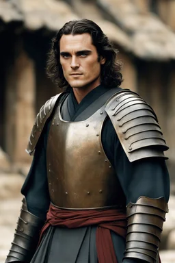 Joaquin Phoenix from year 2000, draped waves haircut, black hair, in medieval setting, in burnished medieval samurai armor