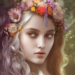 portrait,"Insanely detailed photograph of a beautiful nordic vestal priestess,gorgeous clean face, highly intricate dress,colorful flowers in hair,elegant, highly detailed hair, digital painting, artstation, concept art, smooth, sharp focus, illustration, art by artgerm and greg rutkowski and alphonse mucha, 8 k,looking downward