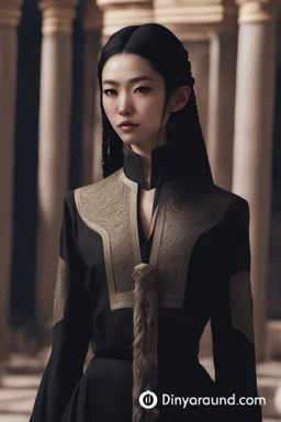 beautiful oriental female elf with long black braids, dressed in a diplomatic tunic