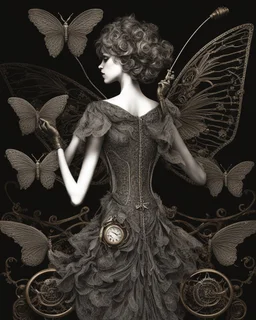 steampunk delicate metal woman, moth, wings, black background