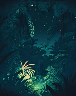 illustration of a jungle in the night from far away