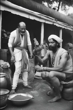 A Indian blacksmith seat on ground and work something with a Indian king standing in front of him and a bag of sandalwood on one side, the king pointing towards the Bag.