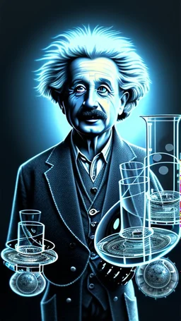 Albert Einstein, detailed and intricate calligraphy ink painting of a "cyborg Mad Scientist" holding beakers, outer space Background cosmic fractals, dystopian, concept art, unreal engine 5, god rays, ray tracing, RTX, lumen lighting, ultra detail, volumetric lighting, 3d, finely drawn, high definition, high resolution. award-winning: professional portrait: atmospheric: commanding: fantastical: clarity: 16k: ultra quality: striking: brilliance: stunning colors: amazing depth: masterfully crafted