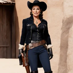 Rosanna schiaffino as a woman pistolero in the western "the man called noon", she stands in her santiag boots: she is the new sheriff in town