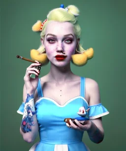 Ultra realistic portrait, wonderland, happy blonde Alice smoking a pipe, blue dress accompanied by elegant anthropomorphic white rabbit, circus dress style, old school tattoo, laughter, smoke, marijuana garden, mushroom lamps, glow eyes, perfect iris, soft color, highly detailed, unreal engine 5, ray tracing, RTX, lumen lighting, ultra detail, volumetric lighting, high definition.