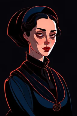 A portrait of a 30-years old aristocrat woman from XV century in strict dark clothes, authoritative, cold, emotionless, in the style of Genndy Tartakovsky's cartoons