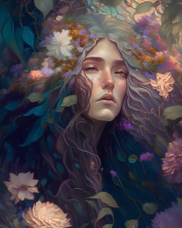 A lush, dreamy portrait of a captivating character, surrounded by a tangle of flowers and foliage, with flowing locks of hair and an expression of wistful longing. The rich colors and intricate details create a sense of enchantment and otherworldly beauty.