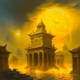 A yellow glowing ruins with clocks in a thunderstorm painted by Qiu Ying