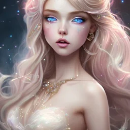 A portrait of a cute fantasy fairy, blue eyes, long blond hair, pink lips, atmospheric light, cinematic lighting, extremely sharp detail, finely tuned detail, ultra high definition, 8 k, HQ, ultra sharp focus, accurate wings, positive smile, highlight luminous dress