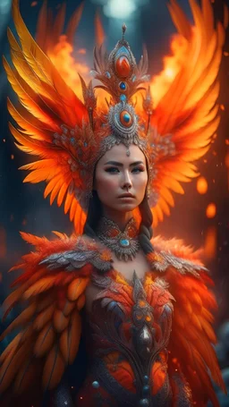 half body wide angle RAW photo, fire queen queen wearing luxurious and ornate clothing, fully covered, opals and floral embellishments, fractal wing texture, winter landscape in the background, beautiful women indonesia face, high detailed skin, phoenix, fire, 8k uhd, dslr, soft lighting, high quality, film grain