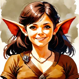 dnd, fantasy, watercolour, portrait, illustration, halfling, female, laborous, opportunistic, hearthy, sly, authoritative, smiling, wide face, portly, burly