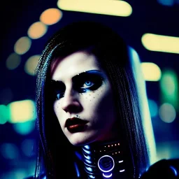 portrait oil on canvas, beautiful punk female Cyborg, intense stare, sad glowing eyes, post-apocalyptic in a cyberpunk city,minimal skintight latex dress, bladerunner movie poster, realistic, intriacte detail, sci-fi fantasy style, masterpiece, volumetric lighting, particles, highly detailed ,cinamatic , deep colours,8k, in the style of Kaare Andrews