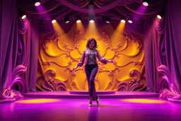 modern stage with gray-dark yellow violet theme artistic decoration , color full dynamic lighting, a beautiful lady in pants and blouse with shining silver jewels dancing, 3D recursive fractal structure animating background