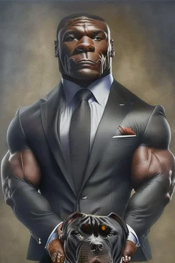 Bodybuilder Lee Haney with the face of a Rottweiler dog A dog's head instead of a person's head Only the player's body with a bulldog head on it He wears a luxurious black suit and holds a luxurious cigar The suit covers the body. In the mouth of the dog there is a luxurious cigar