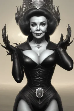 Joan Collins as evil queen in black leather, leather, busty, cleavage, angry, stern look. character design by cory loftis, fenghua zhong, ryohei hase, ismail inceoglu and ruan jia. unreal engine 5, artistic lighting, highly detailed, photorealistic, fantasy