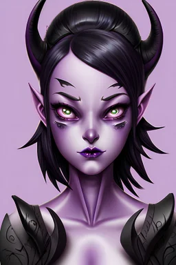 girl tiefling purple skinned; black horns; left horn is broken; black short hair. dark black eyes