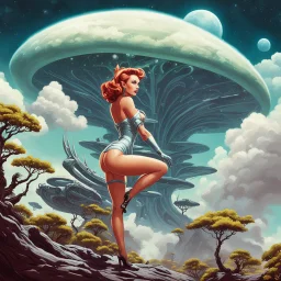 slim Sci-fi pin-up girl on an alien planet of cloud trees