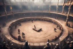 fantasy medieval fighting arena, frontal view with people on back