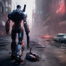 fallout 4 character in action, yohan diniz(fast walker) as robot in the streets of cyberpunk city , cracks in ground, hospital, unreal, spray paint, clay, vox model