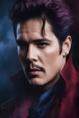 facial portrait - Elvis Johnny Depp - 32k, UHD, 1080p, 8 x 10, glossy professional quality digital photograph - dark blue and dark red, and light maroon and purple and foggy black gradated background, historic, powerful, octane rendering, exquisite detail, 30 - megapixel, 4k, 85 - mm - lens, sharp - focus, intricately - detailed, long exposure time, f8, ISO 100, shutter - speed 1125, diffuse - back - lighting, ((skin details, high detailed skin texture)), (((perfect face))),