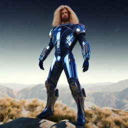 Full body ,Beautiful cosmic man, blue eyes, long blond hair, cosmic suit, galactic backdrop, soft lighting, hyper realistic, unreal engine 5, 16k