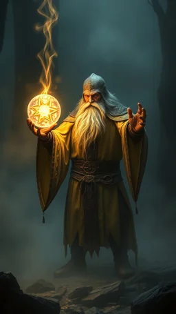 dwarven priest expert holding up a radiant Painite crystal rosette ball shooting radiant light through the fog