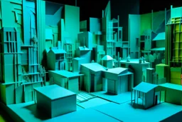 A bluish green facility zone made out of gel designed in Japanese origami painted by Stuart Davis