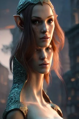 painting of a tall elven young woman with short light brune hair and freckles on the cheak bones and tall body of a topmodel light clothes, long shot, ultra realistic, concept art, intricate details, eerie, highly detailed, photorealistic, sharp focus, octane render, 8 k, unreal engine. art by artgerm and greg rutkowski and charlie bowater and magali villeneuve and alphonse mucha