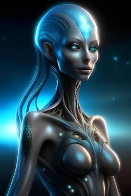 gorgeous female humanoid alien, full body posing, looking over shoulder at the sky, tentacles, coper zinc orichalcum jewelry and piercings, beautiful face, mesmerizing starry eyes, smooth translucent skin.