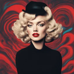 psychedelic backgroundupper body marilyn monroe, a blonde woman with short, wavy hair, is the focal point of the image. she's dressed in a dark brown turtleneck sweater, paired with a black hat and a black suit jacket. her lips are a vibrant red, and her eyes are a deep brown. her hair, a light shade of blonde, is styled in loose waves, adding a touch of whimsy to her appearance. in the background, a man with a black hat and a white shirt is visible..,bokeh like f/0.8, tilt-shift lens 8k, high d