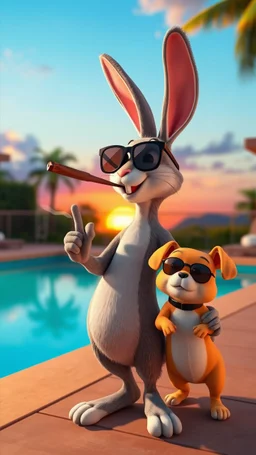 A rabbit and his small dog smoking a cigar standing near a swimming pool and wearing a sunglasses and making a thumb up hand sign in 3d pixar look picture , a sunset in the background