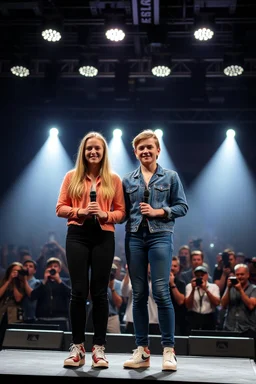 Norwegian Identical teenage twins celebrites, same sex gender standing on a stage with holding their hands, lot of photographers, flashing lights, identical twins with same sex gender