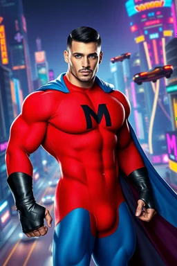 An extremely muscular, athletic man with a short, black hair, blue eyes, goatee, wearing a bright red, textured formfitting bodysuit, wearing blue trunks on the outside of the bodysuit, a black leather, knee-high black leather boots, black wrist gauntlets, blue cape, with a black Capital letter "M" on the chest, posing against a futuristic cityscape, Neon-lit, Extremely colorful, Flying cars