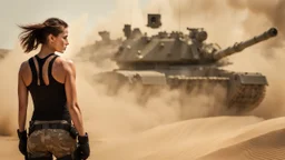 beautiful slender caucasian female technician, black tank top, knife-fighting a giant soldier, well toned muscles, weathered face, scratched sand camo metal details, short brunette wavy bob haircut, dystopian, desert scene with smoke and explosions, particles flying