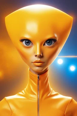 Full head to toe portrait + profile of a creature with (((a flat orange triangle pointing downwards for a head))), large round eyes like bright yellow headlights, a small body, its feet are in seamless silver and orange skin-tight boots with its skin-tight jumpsuit. It stands out against a white background.