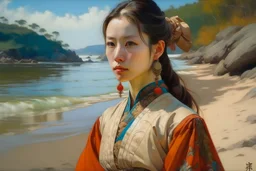 Peder Monk Monsted style, river beach Chinese woman in renaissance dress, face view