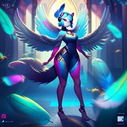 A bird fursona, Furry art, Digital art, cyberpunk, High quality, Backlighting, female, anthropomorphic, full body portrait, 8k resolution, bird tail, Realistic, high quality, great details, within portrait, masterpiece, best quality, detailed outfit, vibrant colors, perfect eyes, feathery, human body, robotic arm, sfw, in the style of Titanfall, highly detailed face, perfectly drawn