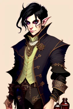 Young tiefling nobleman alchemist with black hair horns and large reptilian tail steampunk jewelry and potion bottles in the style of Charles Addams