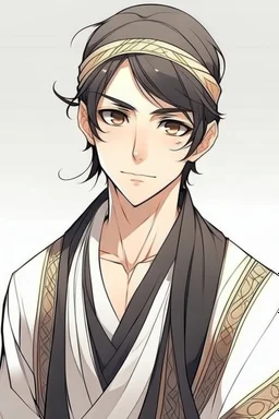 "Draw an anime character, a man with a black hair wearing traditional Arab clothing. He is cool and handsome attractive and not colores