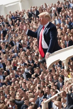 donald trump standing on a balcony with hundreds of people below kneeling