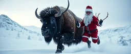 creature with eyes of hound bison reindeer yoga man with the snow flake pattern in the pupils in running in the snow in the snowy mountain with santa