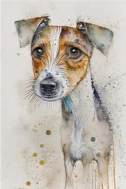 Abstract wet watercolour of the head of a long coated coated jack Russell, ink lines, interlinked circles, detailed,focus on eyes, watercolour paper