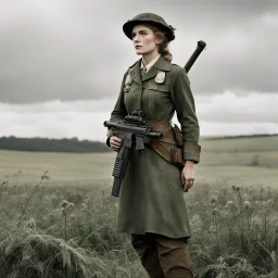 [standing in a Cornwall field] A woman elf, clad in a dirty World War I worker's uniform, her delicate features stark against the rugged attire. But what truly caught the eye was the heavy machine gun she carried with ease, a juxtaposition of elegance and power that defied conventional stereotypes.