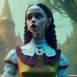 Full body, 3d render,Jenna Ortega, Wednesday addams 1800's women style, 1800's hair style, 1800's women clothes style, hyper realistic, octane render, unreal engine 5, 8k, palace background, uhd