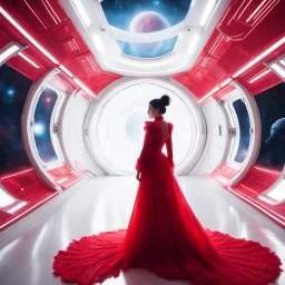 In the pulsating space station, ana lien in a red frilly dress glides through a shining white corridor, with windows revealing the vast expanse of outer space. The outfit's fabric flutters around her like a crimson nebula, drawing the eyes of passersby. She exudes an ethereal beauty, a celestial being navigating the cosmic chaos with elegance and allure.