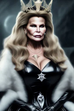 portrait of jennifer coolidge as evil queen in black leather gown, leather, angry, stern look, volumetric lighting, particales,highly detailed,cinematic, deep colours,8